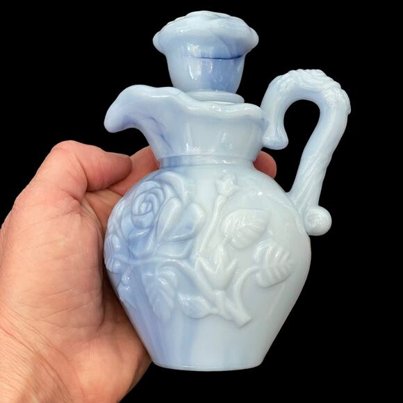 Vintage Avon Blue Milk Glass Pitcher w/ Stopper 1978 Victorian Rose Floral - Picture 1 of 11